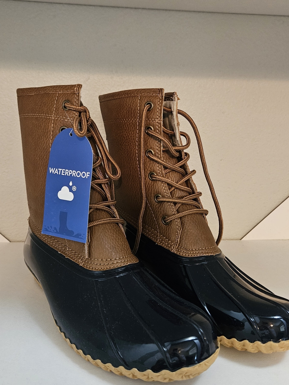 JBU Waterproof Lace-Up Duck Boots in Tan And Navy